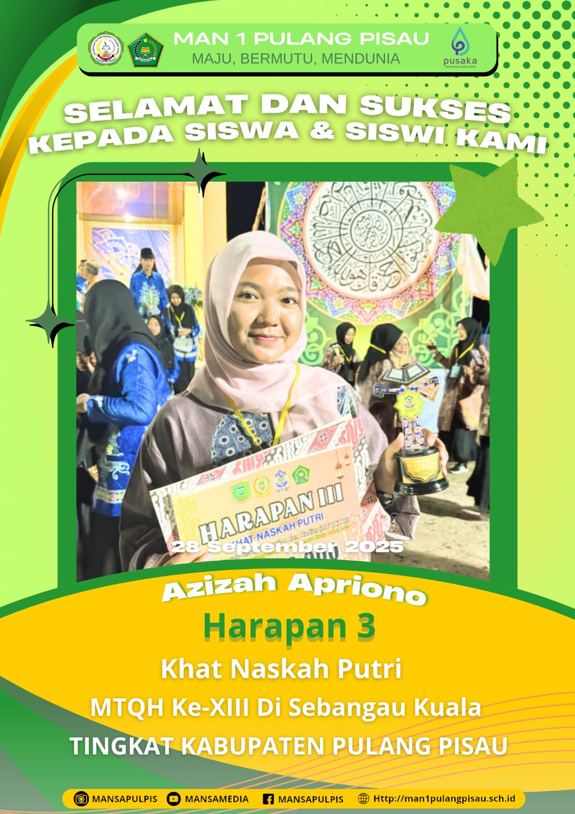 SISWI MAN 1 PULANG PISAU PLUS KETERAMPILAN MERAIH JUARA HARAPAN 3 DALAM MTQH KE-XIII TINGKAT KABUPATEN PULANG PISAU TAHUN 2025